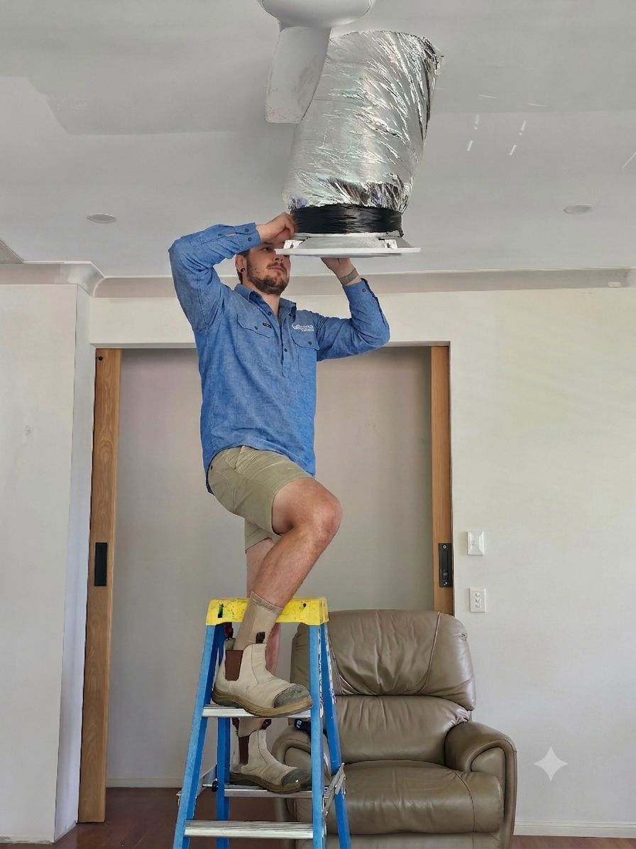 Technician installing new ducted air conditioning in a roof space